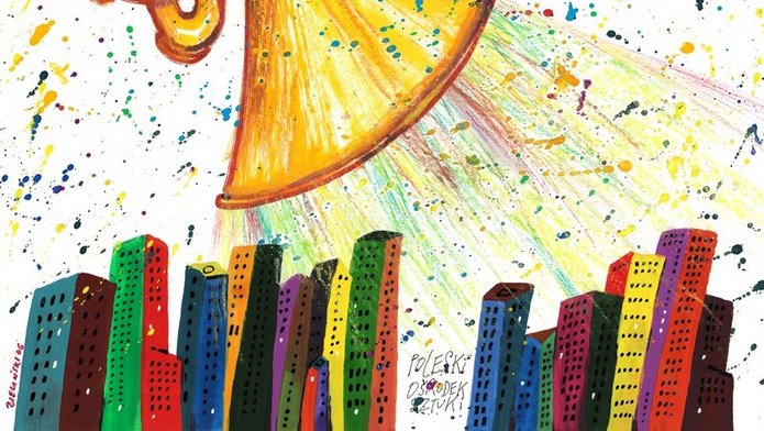 złota trąbka, barwne plamy z napisami, panorama wielkomiejska na dole kompozycji