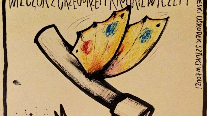pieniek z wbitą siekierą, na niej motyl