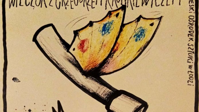 pieniek z wbitą siekierą, na niej motyl