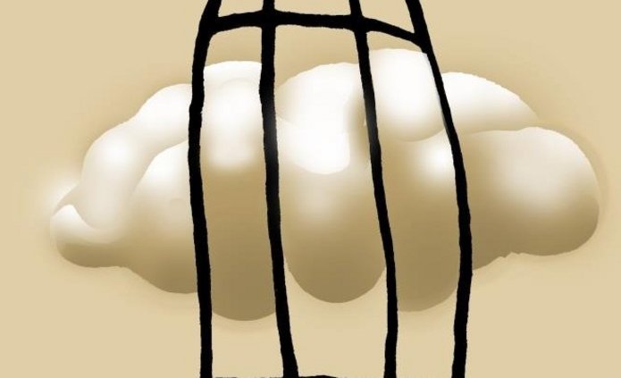 beżowe tło, chmura uwięziona w podwieszonej przy górnej krawędzi obrazu klatce, napis