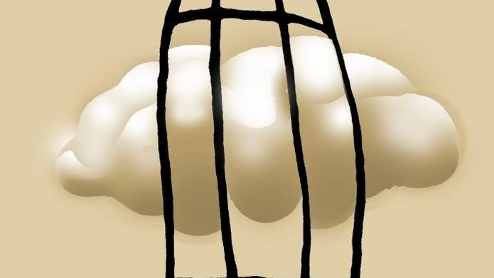 beżowe tło, chmura uwięziona w podwieszonej przy górnej krawędzi obrazu klatce, napis