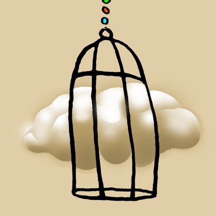 beżowe tło, chmura uwięziona w podwieszonej przy górnej krawędzi obrazu klatce, napis