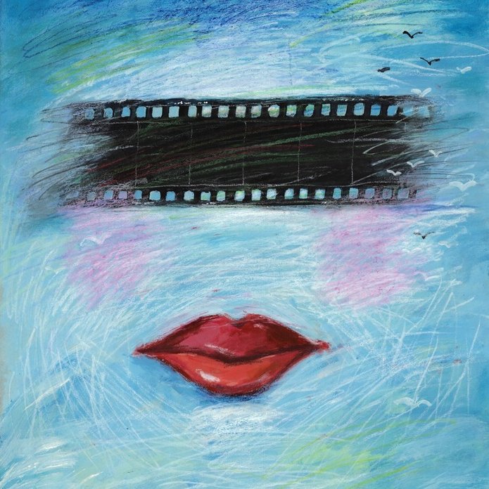 niebieskie tło, czerwone usta, czarna taśma filmowa w miejsce oczu