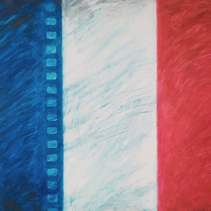 flaga Francji, malowidło, na niebieskim tle taśma filmowa