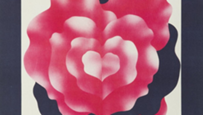 schematyczny kwiat róży w ramie, napis