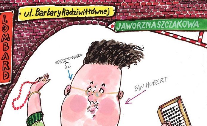 podskakujący mężczyzna, trzyma sznur korali i stare liczydło
